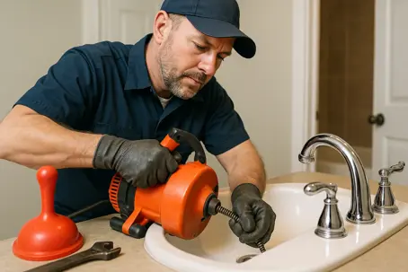 A plumber is unclogging a sink