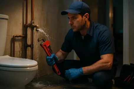 A plumber wearing blue gloves and a cap works on a leaky pipe behind a toilet